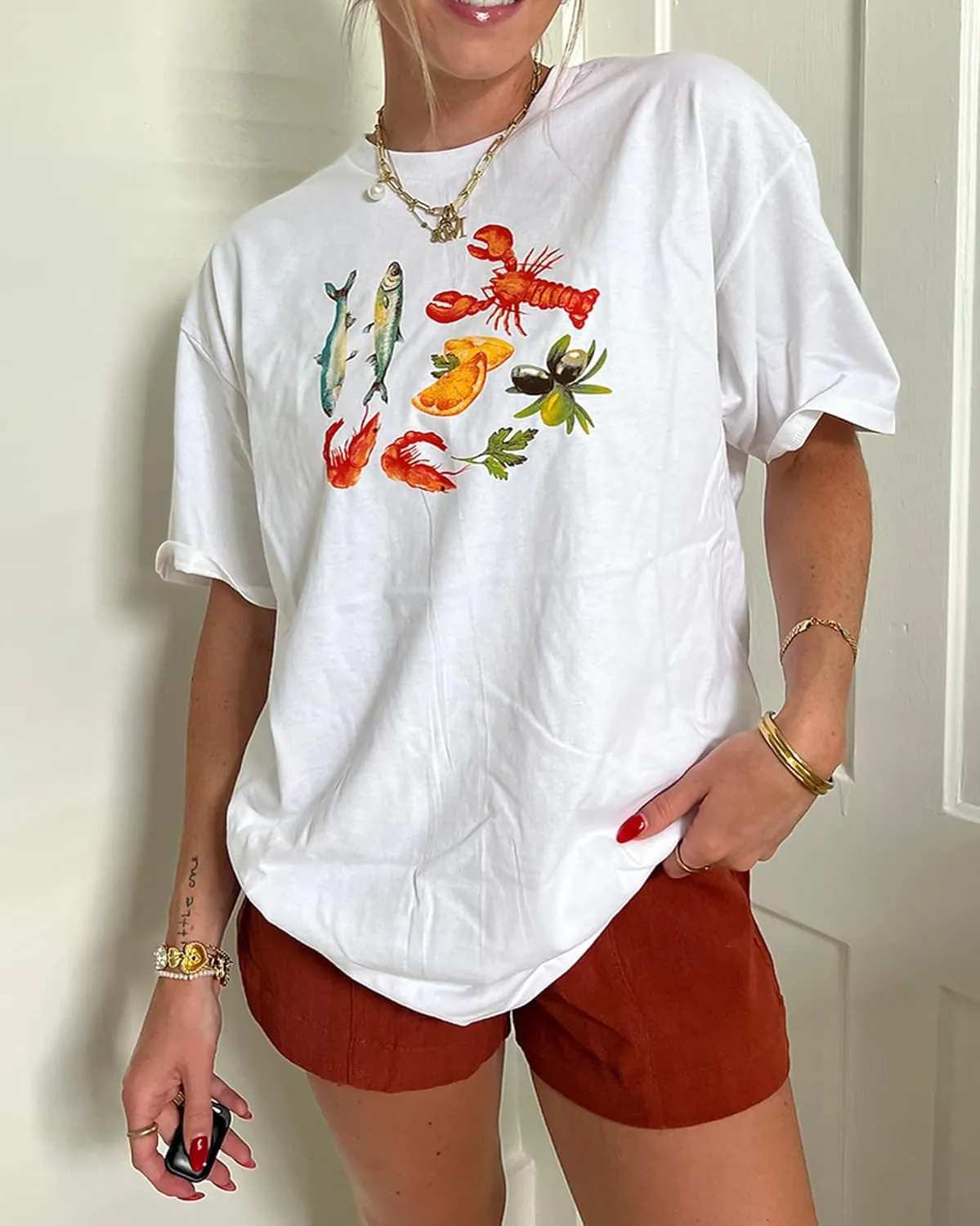 Women Y2k Oversized Graphic Tees Floral Ocean Print Short Sleeve Crewneck Tshirts Teen Girls Aesthetic Streetwear