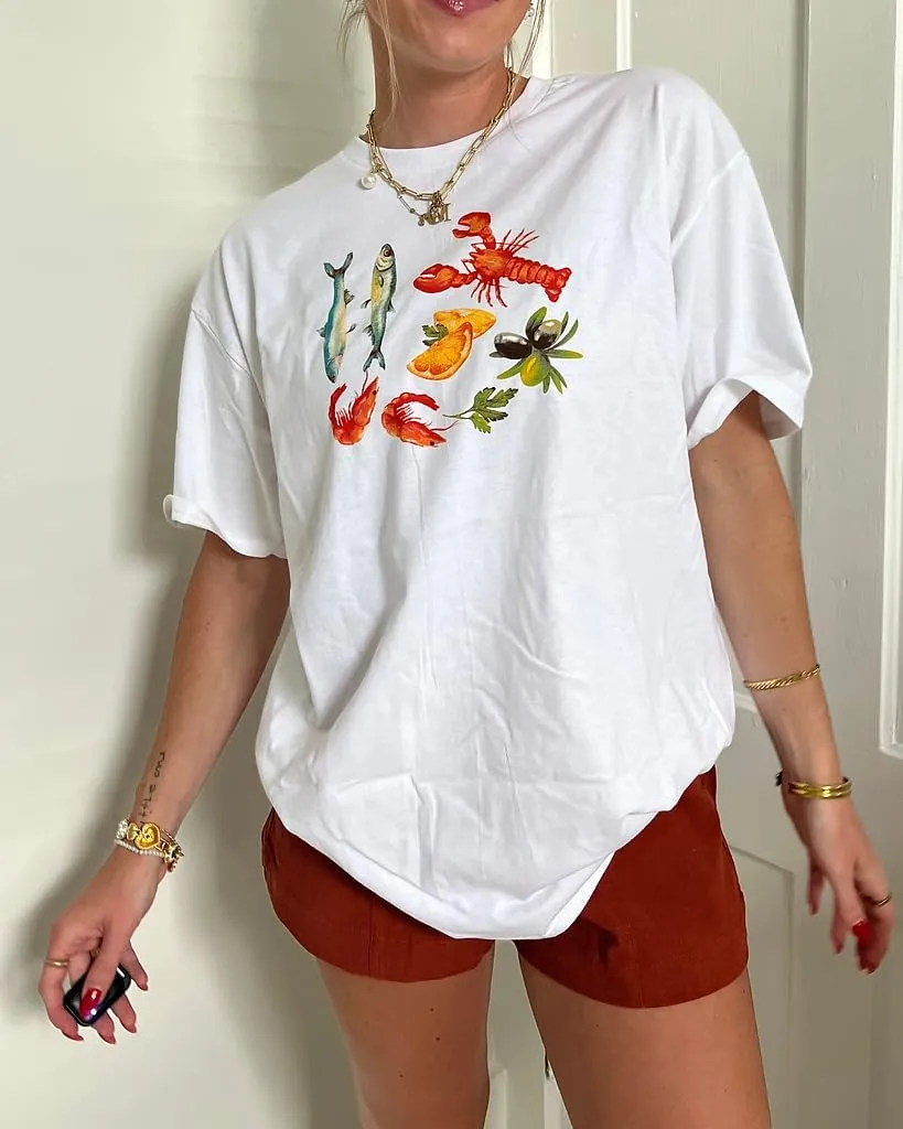 Women Y2k Oversized Graphic Tees Floral Ocean Print Short Sleeve Crewneck Tshirts Teen Girls Aesthetic Streetwear
