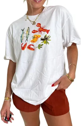 Women Y2k Oversized Graphic Tees Floral Ocean Print Short Sleeve Crewneck Tshirts Teen Girls Aesthetic Streetwear
