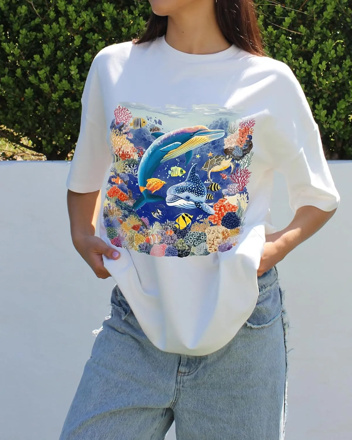 Women Y2k Oversized Graphic Tees Floral Ocean Print Short Sleeve Crewneck Tshirts Teen Girls Aesthetic Streetwear