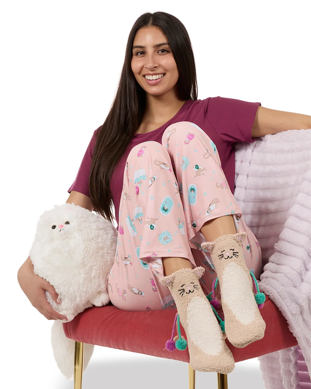 Women's Cat Embellished Plush Crew Socks