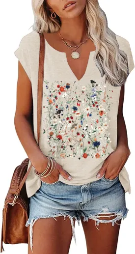 Women's Floral Tank Tops Casual Summer Cap Sleeve Sleeveless Wildflowers Floral Graphic Tees Tops