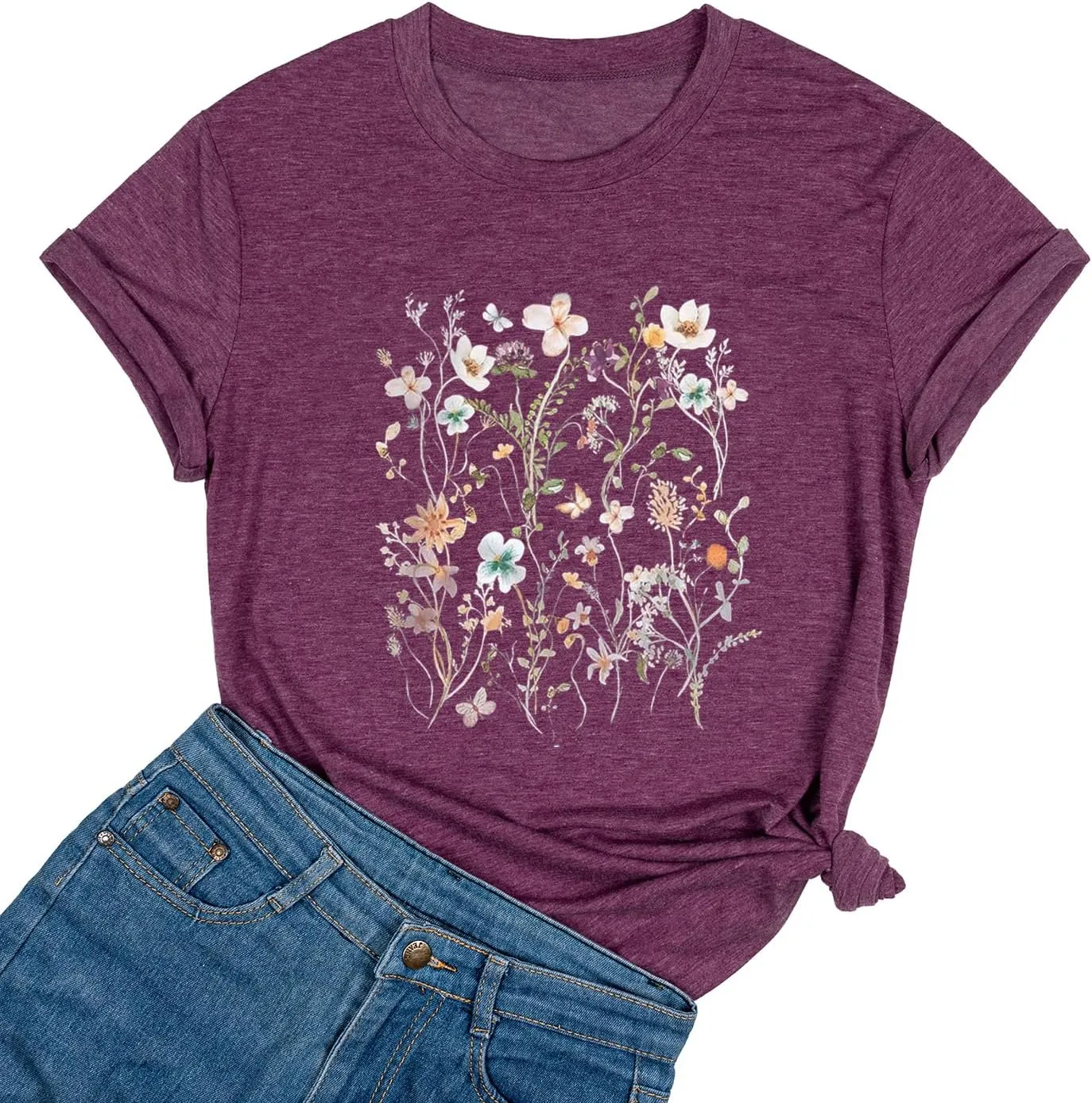 Yimoya Vintage Floral Shirts Womens Boho Wildflowers Graphic Tees Flowers Tops