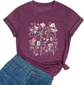 Yimoya Vintage Floral Shirts Womens Boho Wildflowers Graphic Tees Flowers Tops